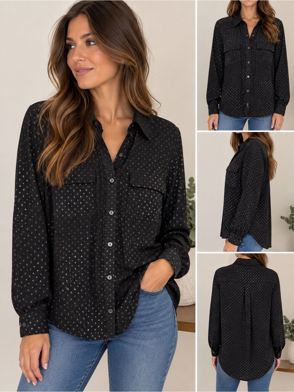 Equipment Black Star Print Silk Blouse